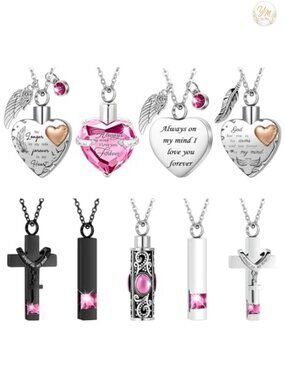 9 Pcs Stainless Steel Cremation Urn Necklace Set Heart Cross Locket Memorial